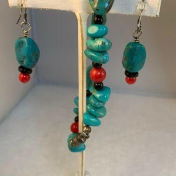 Faux Turquois Pebble Necklace, Bracelet And Pierced Earrings Set (NA99) - Picture 5 of 5